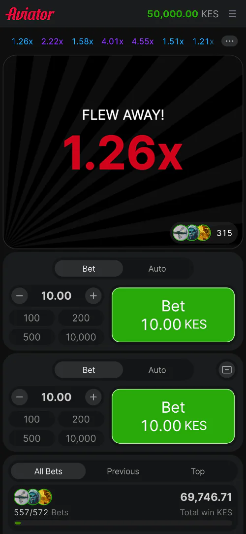 The result of the game round in the Aviator app